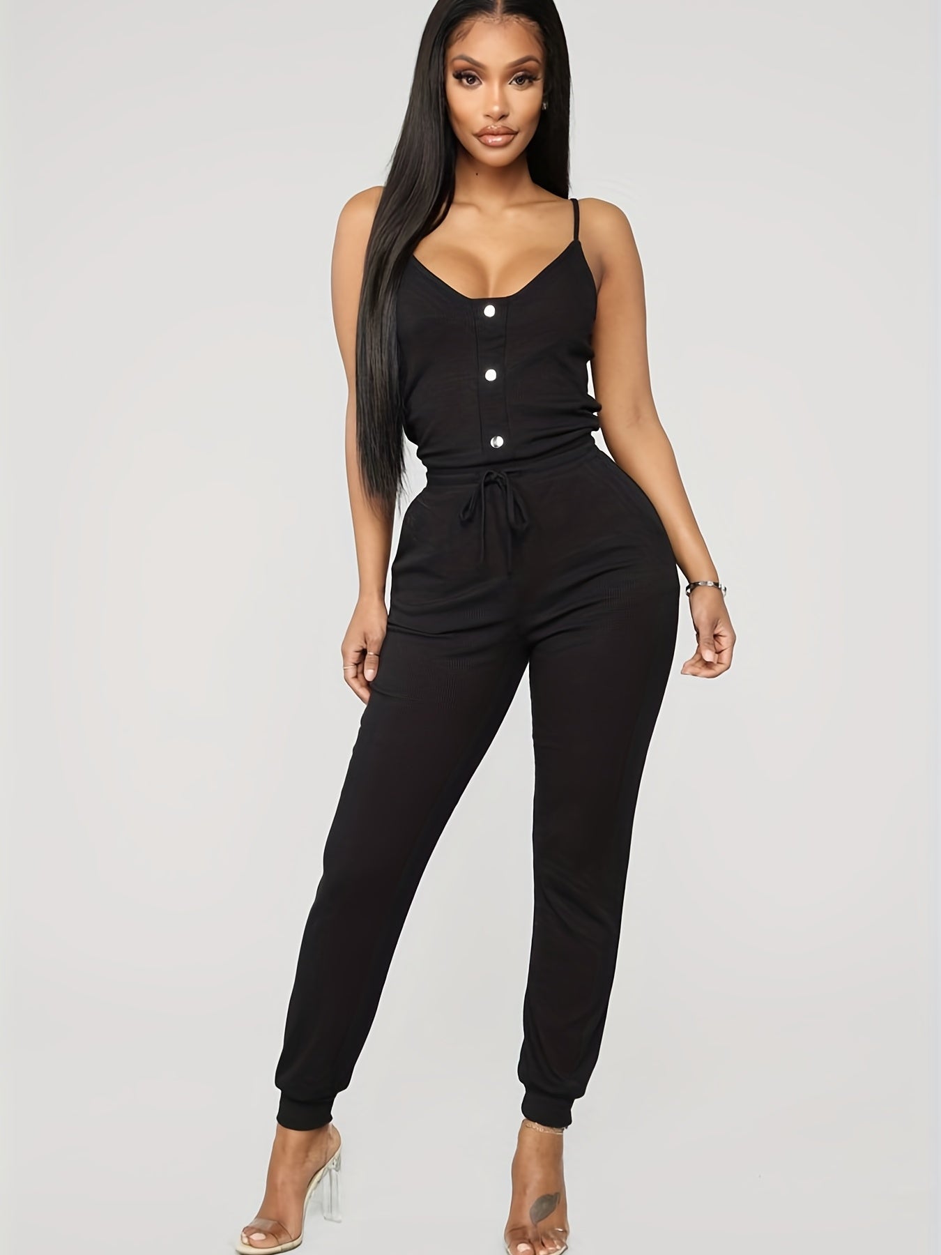 Sexy Spaghetti Jumpsuit Drawstring Solid Long Length