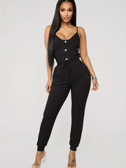 Sexy Spaghetti Jumpsuit Drawstring Solid Long Length