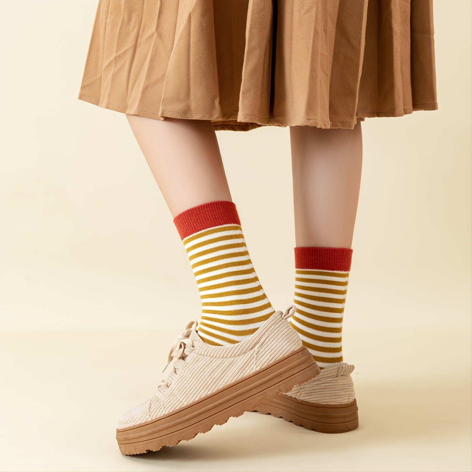 5 Pairs Women's Vintage Striped Mid Tube Socks