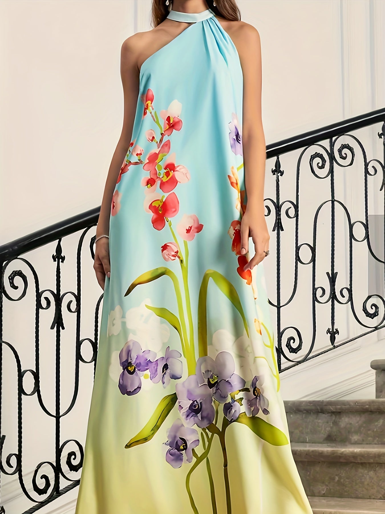  Floral Print Halter Neck Maxi Evening Dress