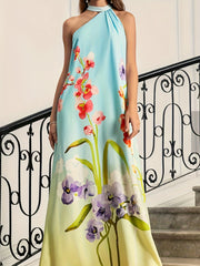  Floral Print Halter Neck Maxi Evening Dress