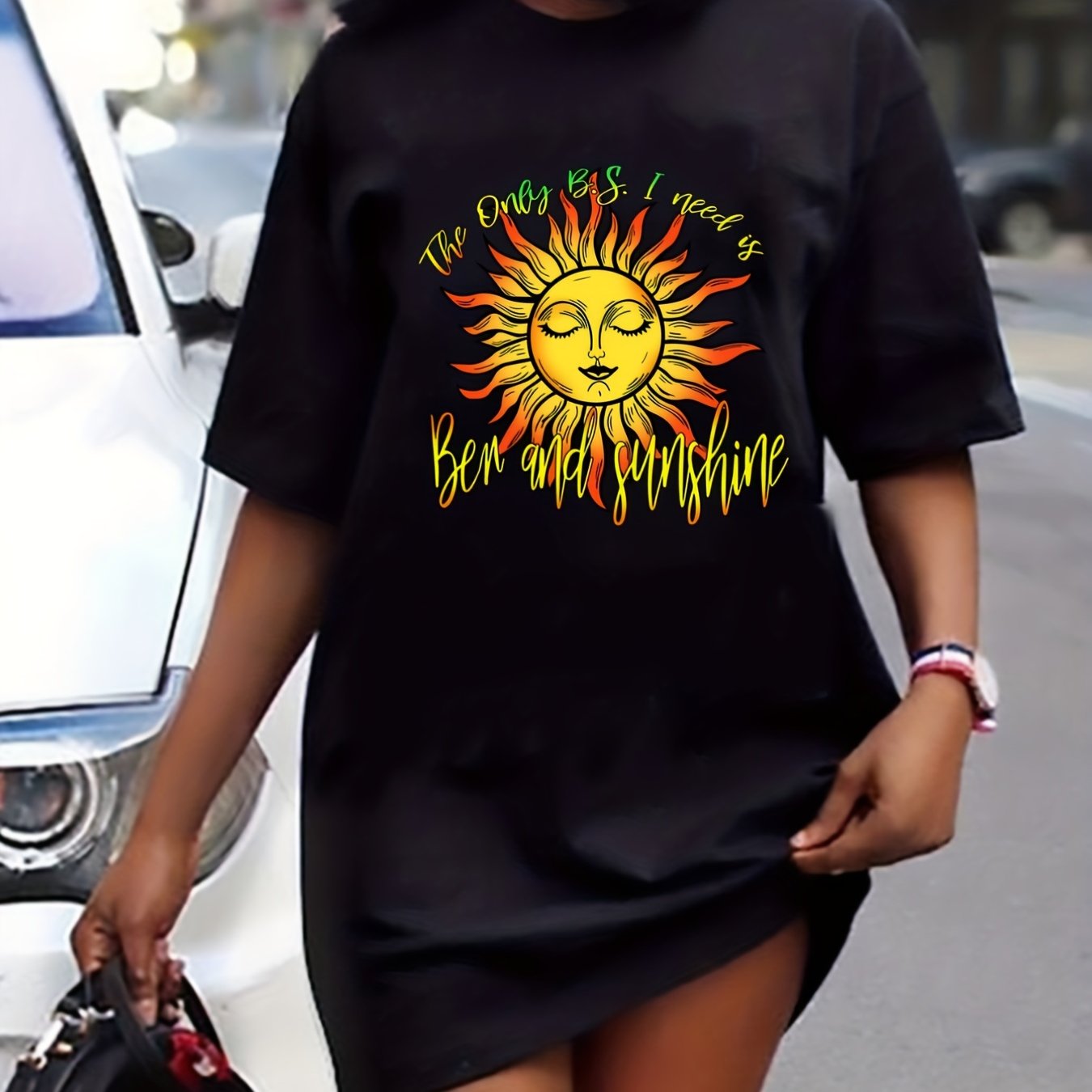  Casual Dress Women's Plus Sun & Letter Print Short Sleeve