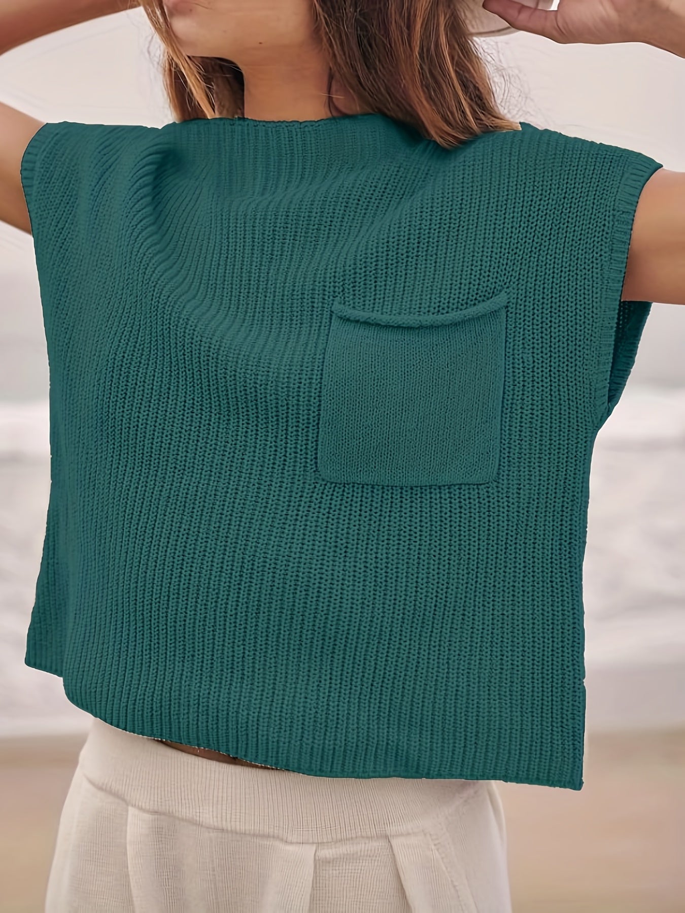Women's Solid Sweater Vest Casual Crew Neck Short Sleeve