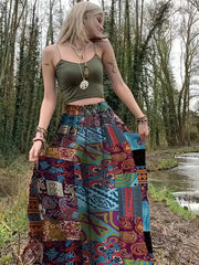 Hippie Patchwork Print Drawstring Skirt Boho Skirt Spring Summer Women's