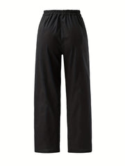  Solid Elastic High Rise Trousers With Pockets