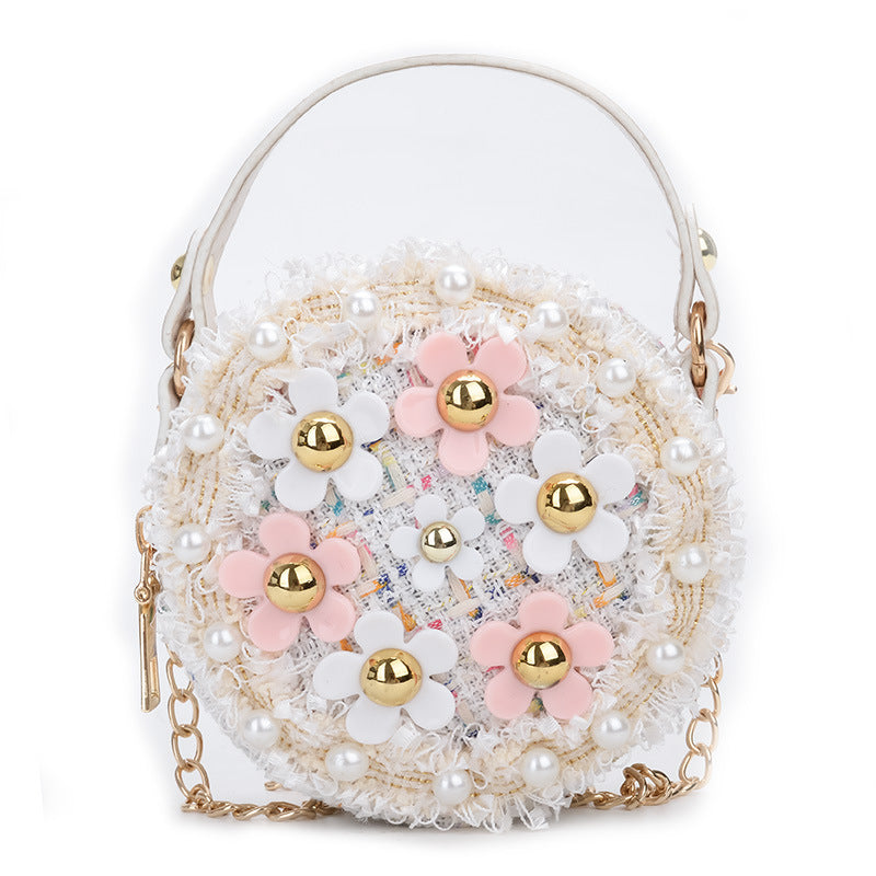 Girls Crossbody Bowknot Purse Pearl Flowers Handbags Shoulder Bag