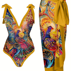 Peacock Print Two Pieces Swimsuit with Cover Up Shirt