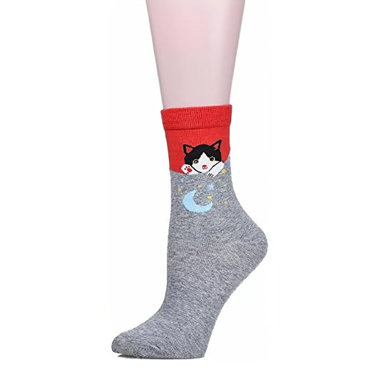 5 Pairs Cartoon Cat Crew Socks - Comfy Casual Breathable Cute Design