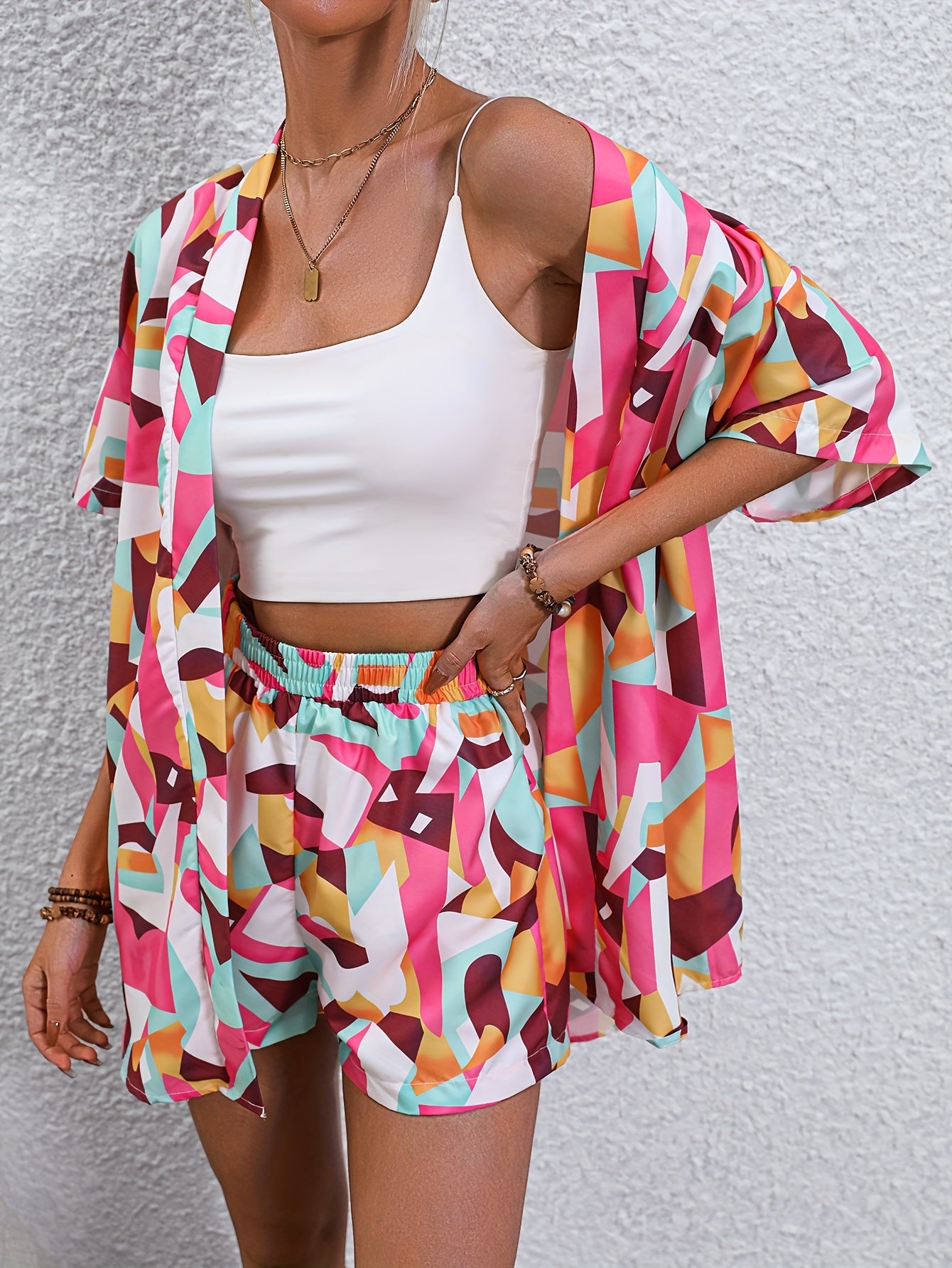 Geo Print Two Piece Set Short Sleeve Open Front Tops & Shorts Outfits