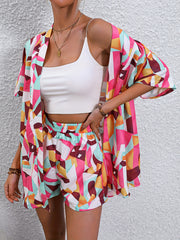 Geo Print Two Piece Set Short Sleeve Open Front Tops & Shorts Outfits