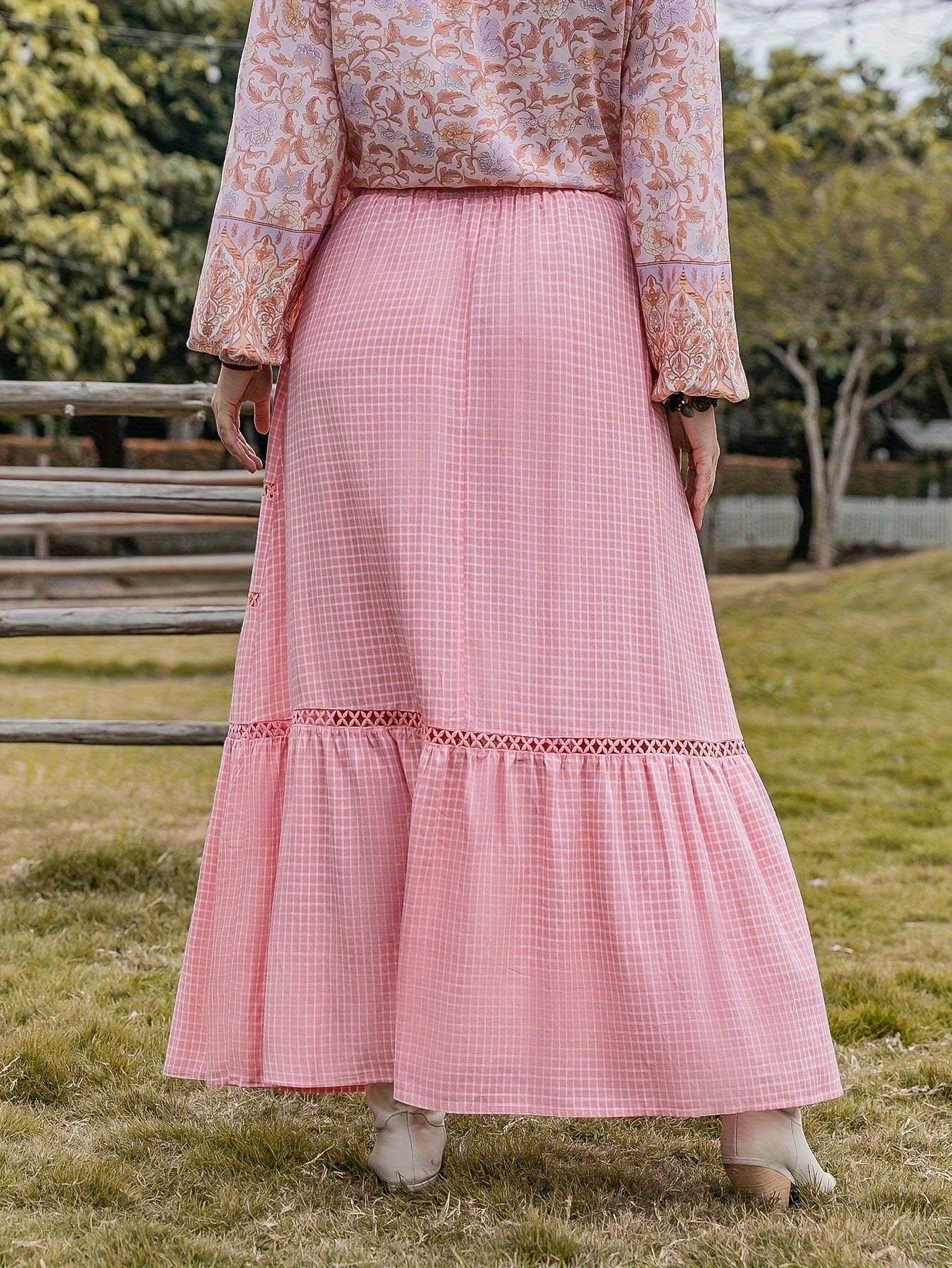  Casual Skirt Women's Plus Plaid Print Hollow Out Elastic High Rise