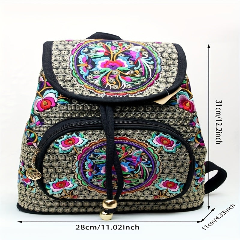 Flower Embroidered Backpack Ethnic Style Daypack Drawstring Bag