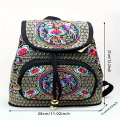 Flower Embroidered Backpack Ethnic Style Daypack Drawstring Bag