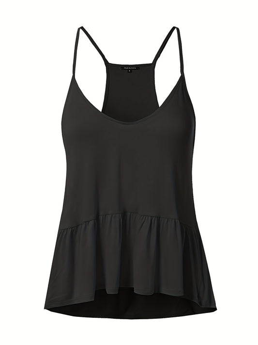  Casual Cami Top Women's Plus Solid Round Neck Ruffle Trim Tank Top