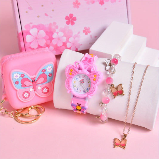Girls' Quartz Watch Set with Butterfly Pattern, Coin Purse, Necklace