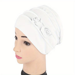 Double Flower Decor Turban Cap Head Wrap Solid Elastic Beanies Lightweight