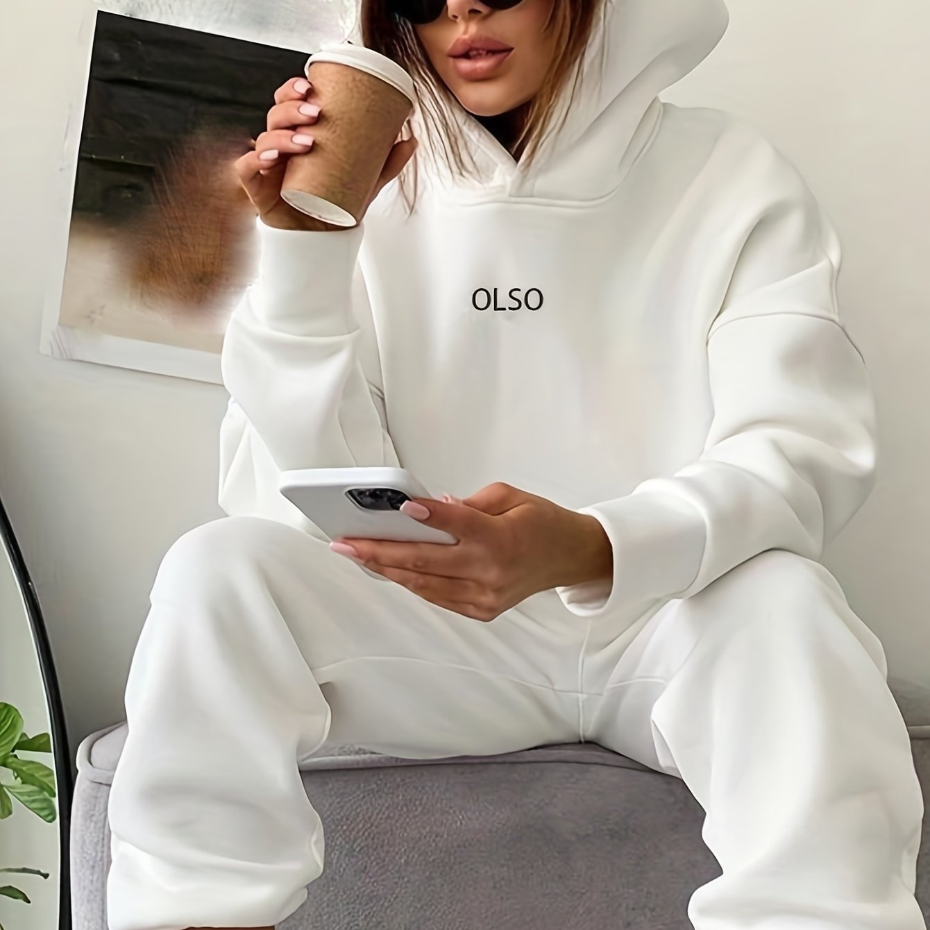 Letter Print Hooded Sweatshirt & Sweatpants Set