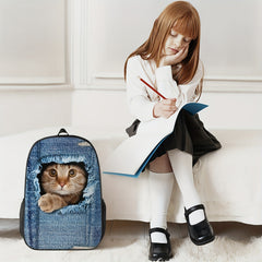 Creative Dog Cat Denim Printed Backpack for Kids Boys Girls