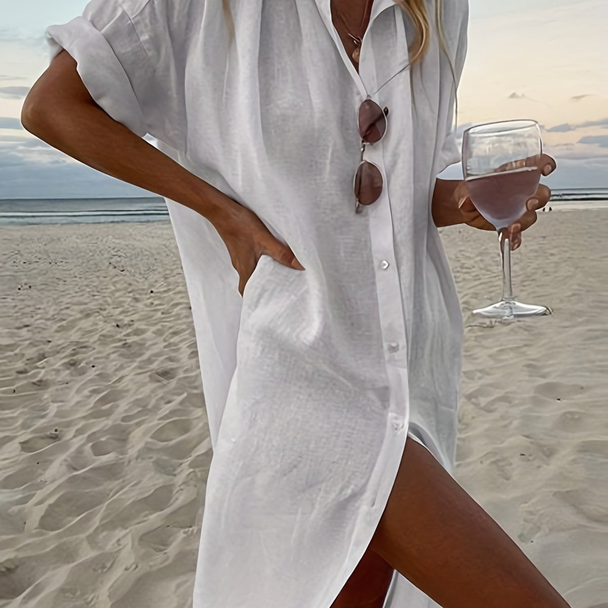  Solid Button Up Short Sleeve Maxi Shirt Dress