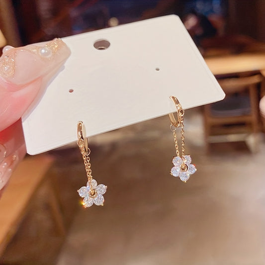 Rhinestone Flower Drop Earrings 18K Plated Hoop Huggie Ear Buckle Decor