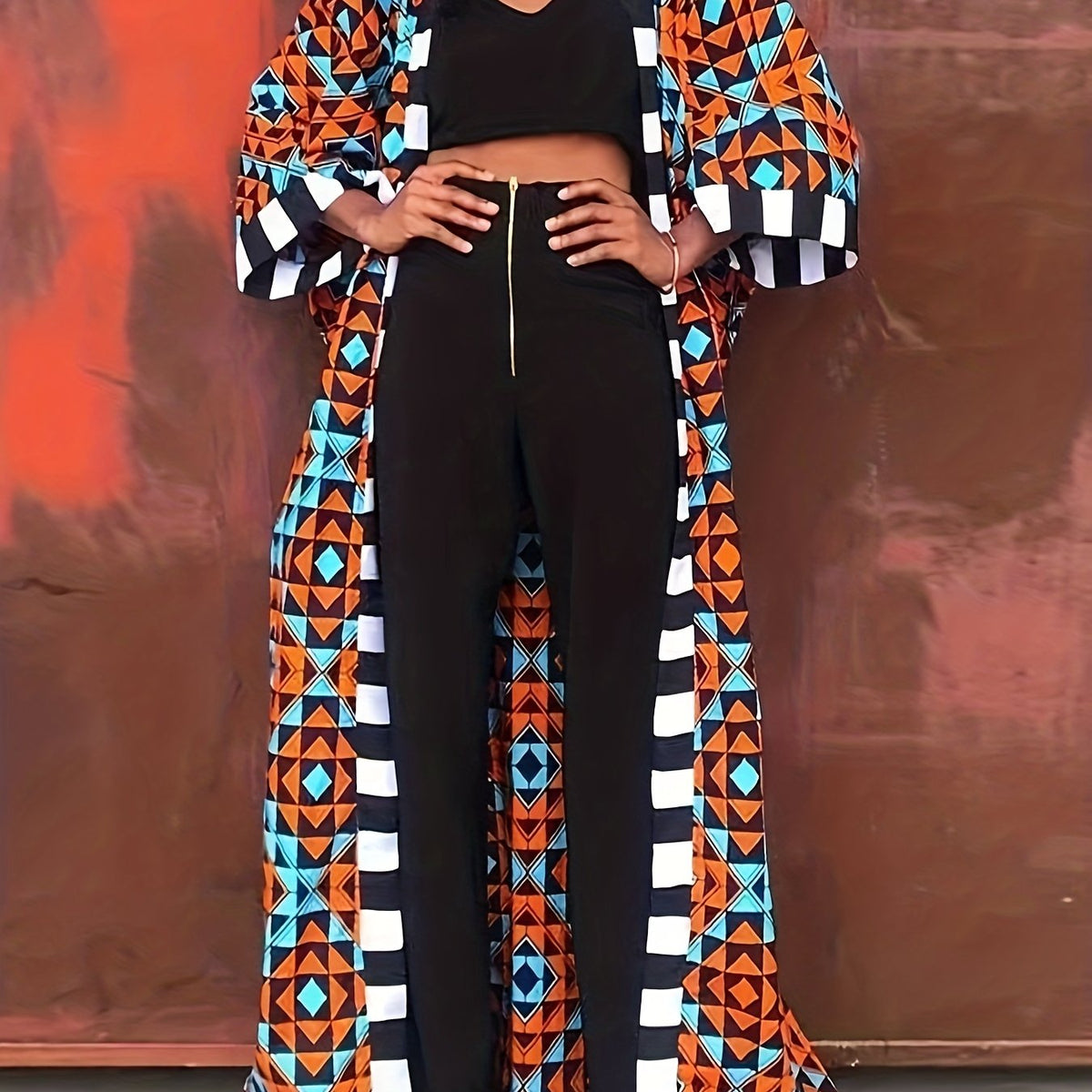  Geometric Print Three Quarter Sleeve Cardigan