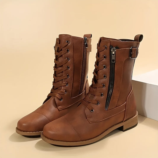 Women's Side Zip Hiking Boots Chunky Block Combat Outdoor Mid Calf Boots