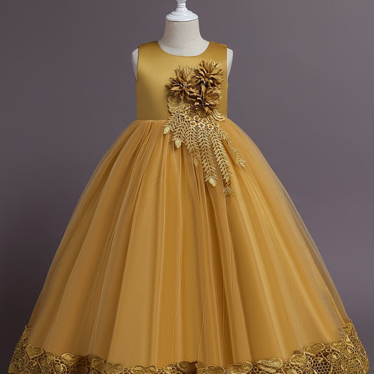 Girls Heart Floral Embroidery Mesh Princess Dress Wedding Party Clothes