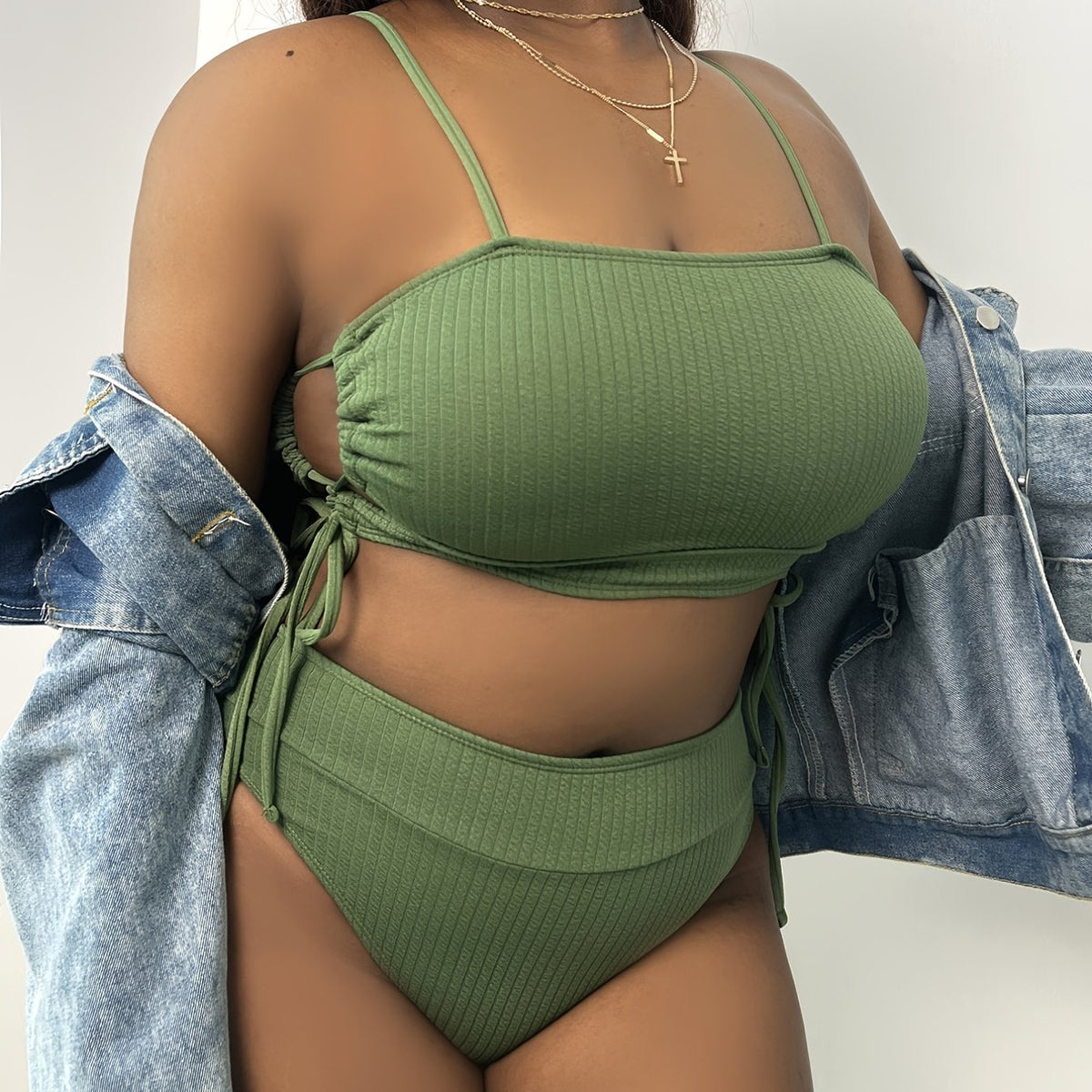 Solid Ribbed Side Knot Cut Out Bikini Set Plus