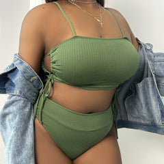 Solid Ribbed Side Knot Cut Out Bikini Set Plus