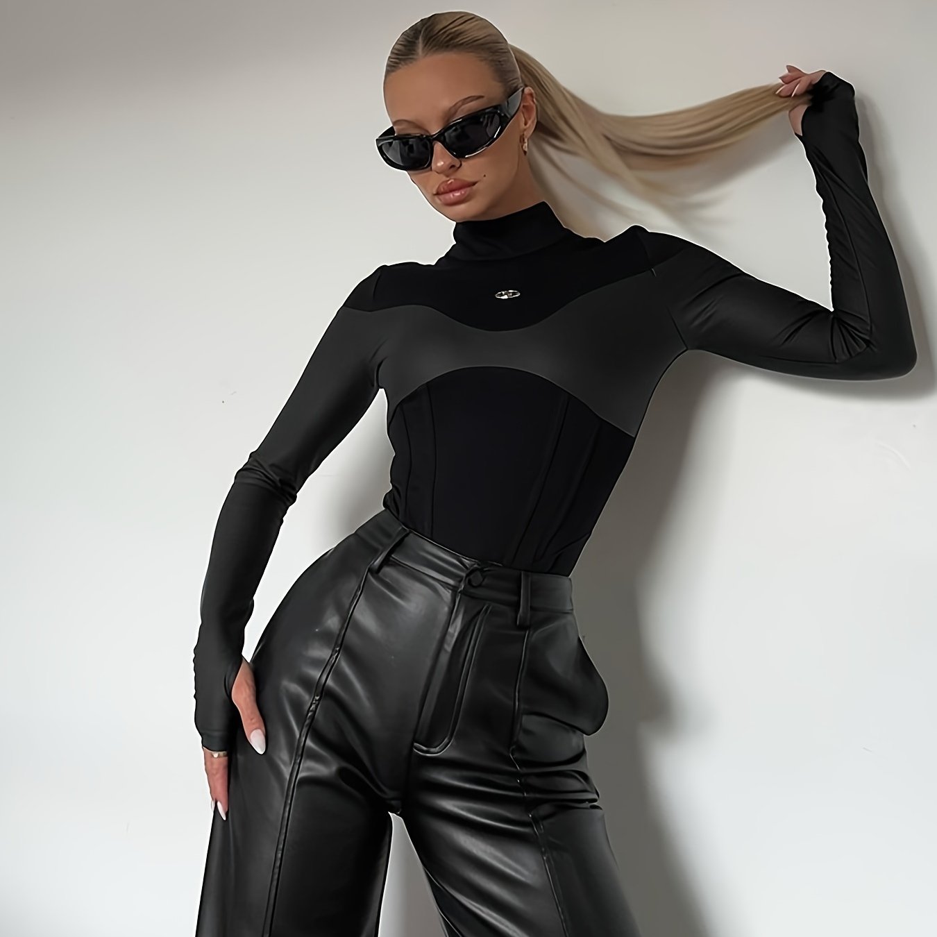 Turtleneck Faux Leather Long Sleeve Bodycon Bodysuit