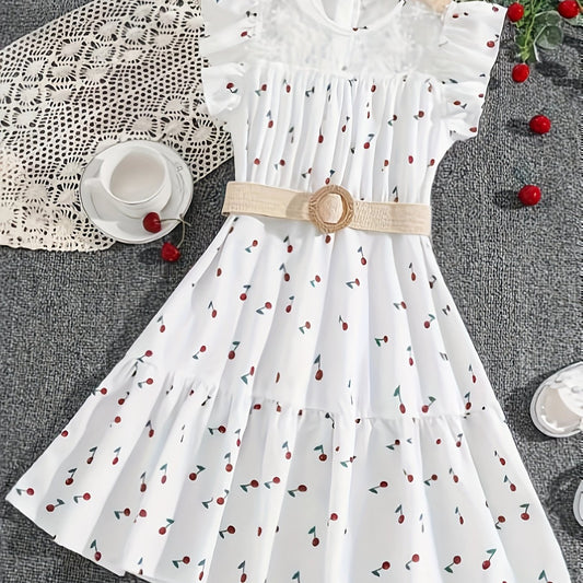 Girls Mesh Neck Berry Dress with Ruffle Sleeve