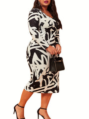  Fall Bodycon Dress Women's Plus Print Long Sleeve Bodycon Dress