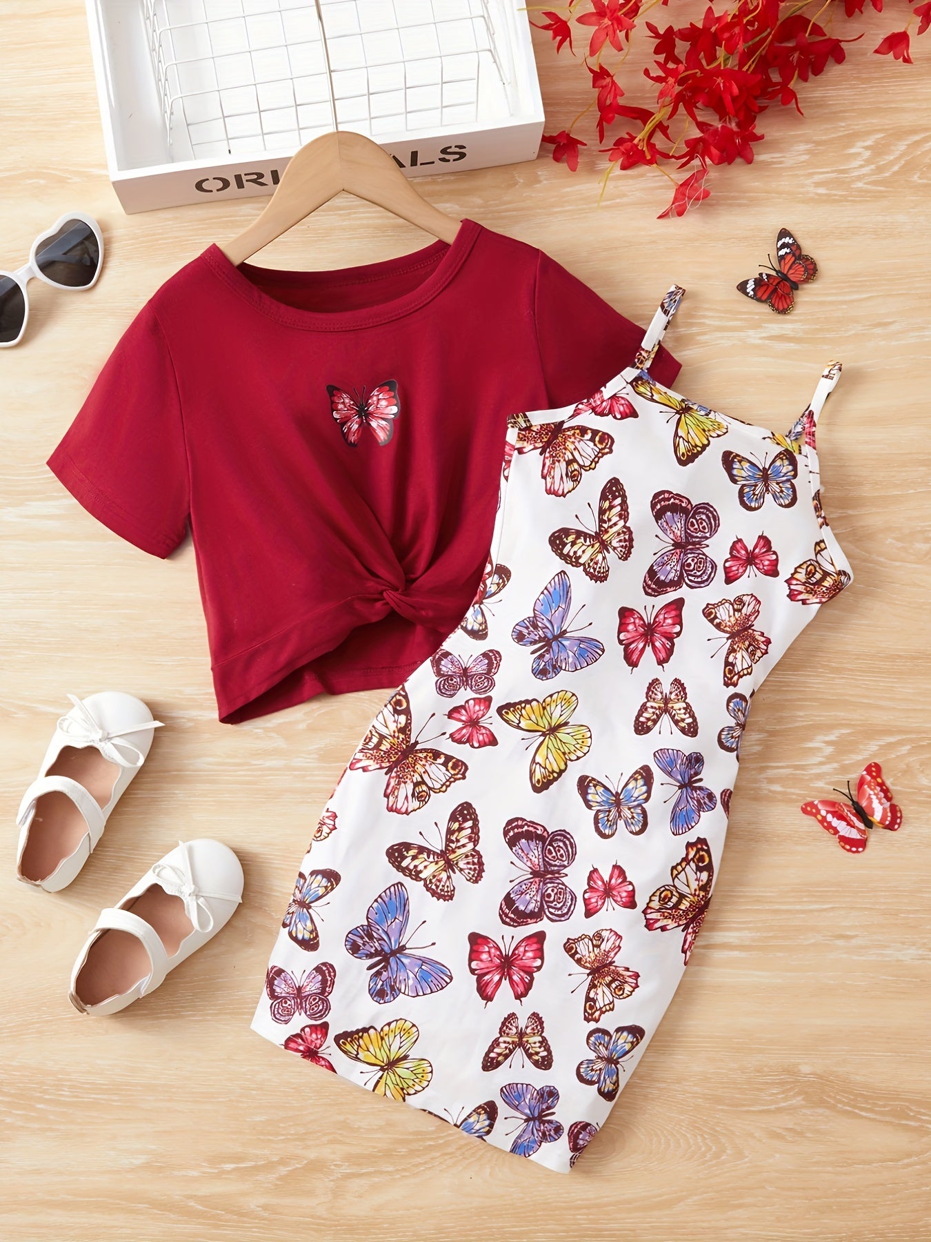 Girls Butterfly Knot Tee Top & Cami Dress Set for Party