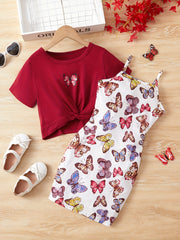 Girls Butterfly Knot Tee Top & Cami Dress Set for Party