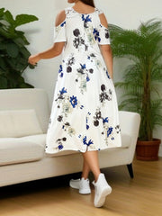  Floral Print Lace Cold Shoulder Maxi Dress