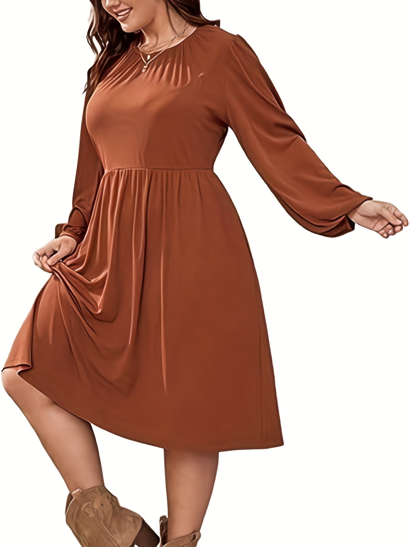  Ruched Lantern Sleeve Round Neck Dress