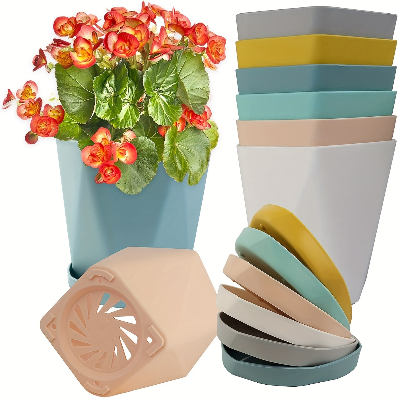 6pcs Thickened Plastic Flowerpot Set with Drainage Holes & Bases