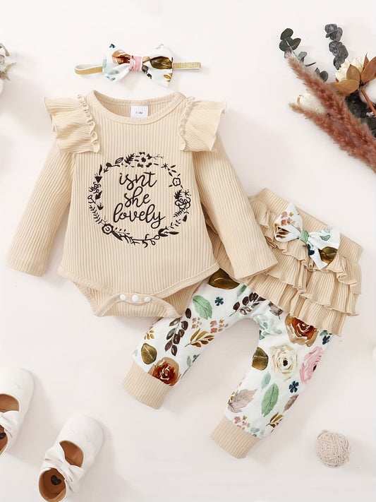 Baby Girls Outfit Lovely Print Romper Bow Skirt Pants Headband 3pcs Set