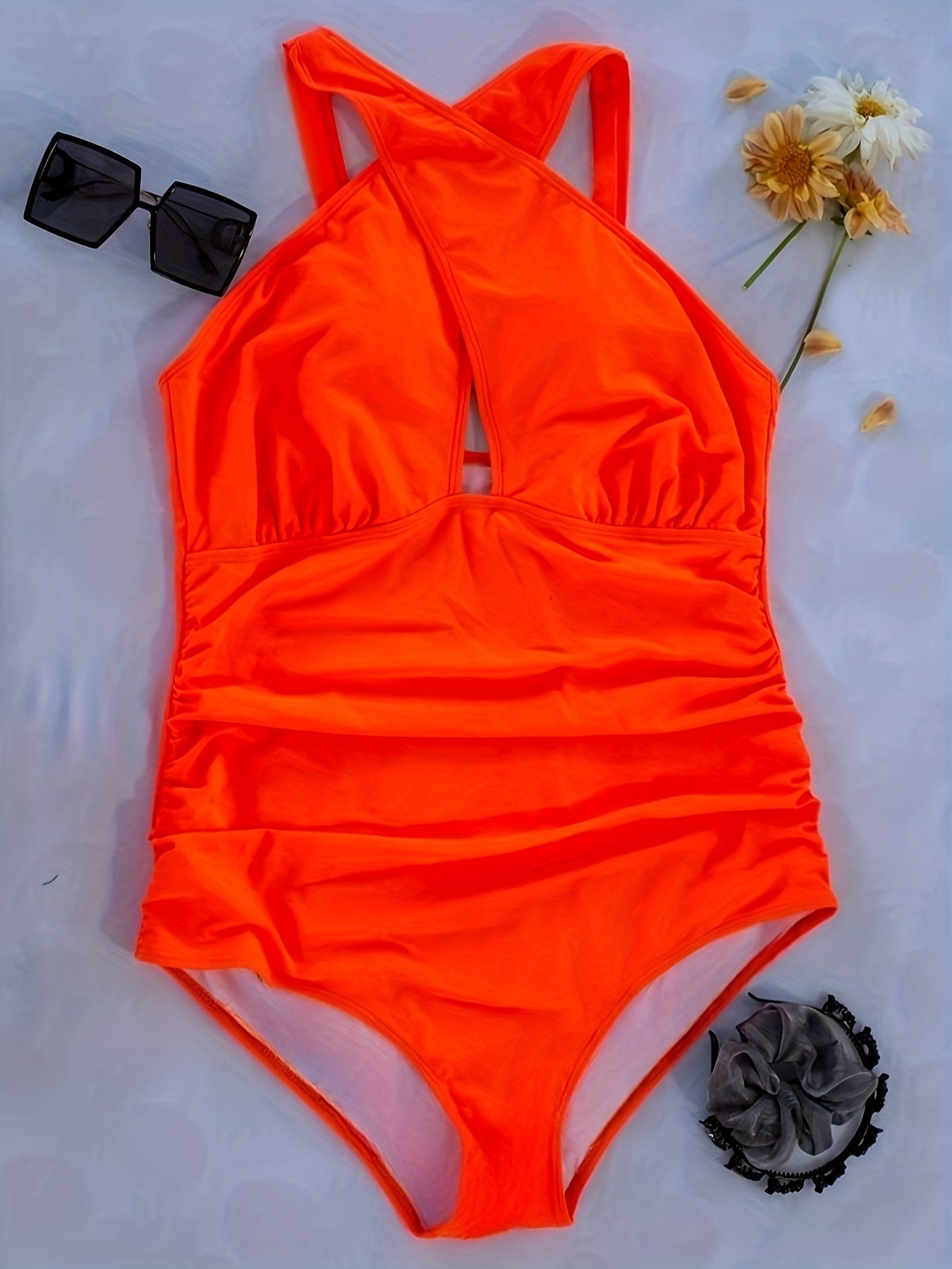  Solid Cross Halter One Piece Swimsuit
