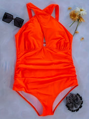  Solid Cross Halter One Piece Swimsuit