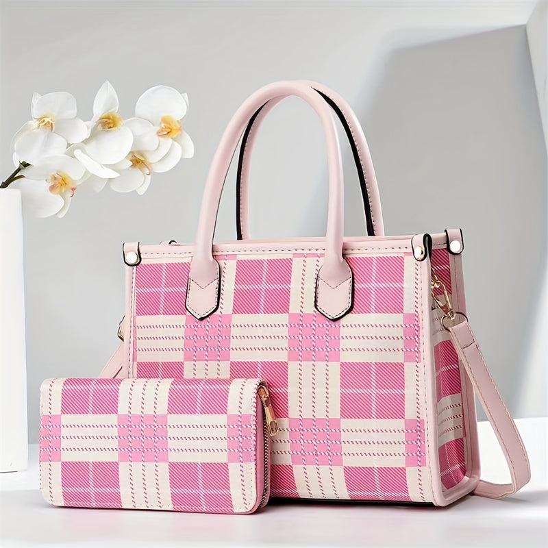 2pcs Plaid Briefcase Set Large Capacity Handbag With Clutch Bag