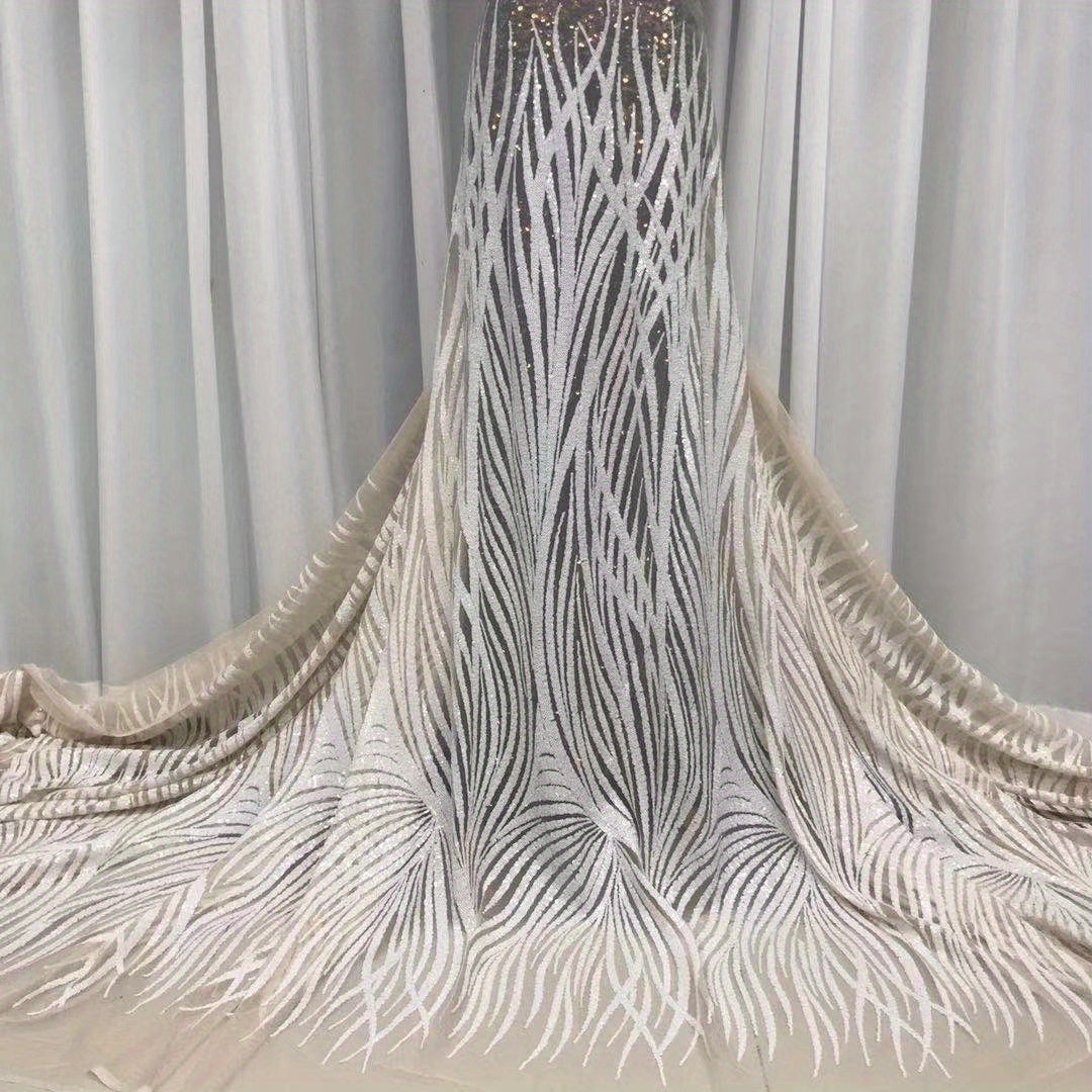 5 Yards Polyester Sequins Embroidery Stripes Lace Fabric for Evening Dress