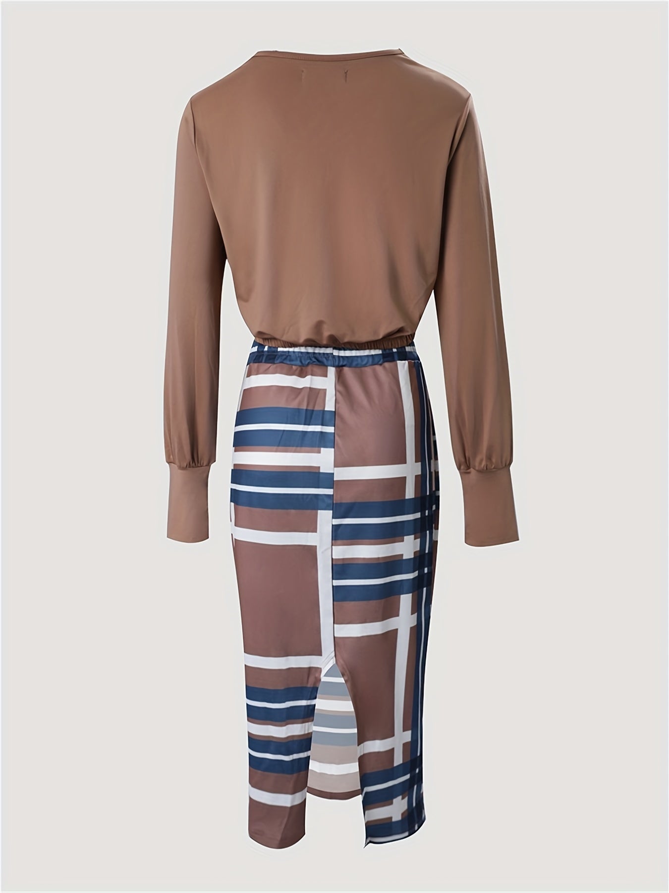 Casual Two-piece Set Solid Long Sleeve Tops & Plaid Print Split Skirts