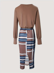 Casual Two-piece Set Solid Long Sleeve Tops & Plaid Print Split Skirts
