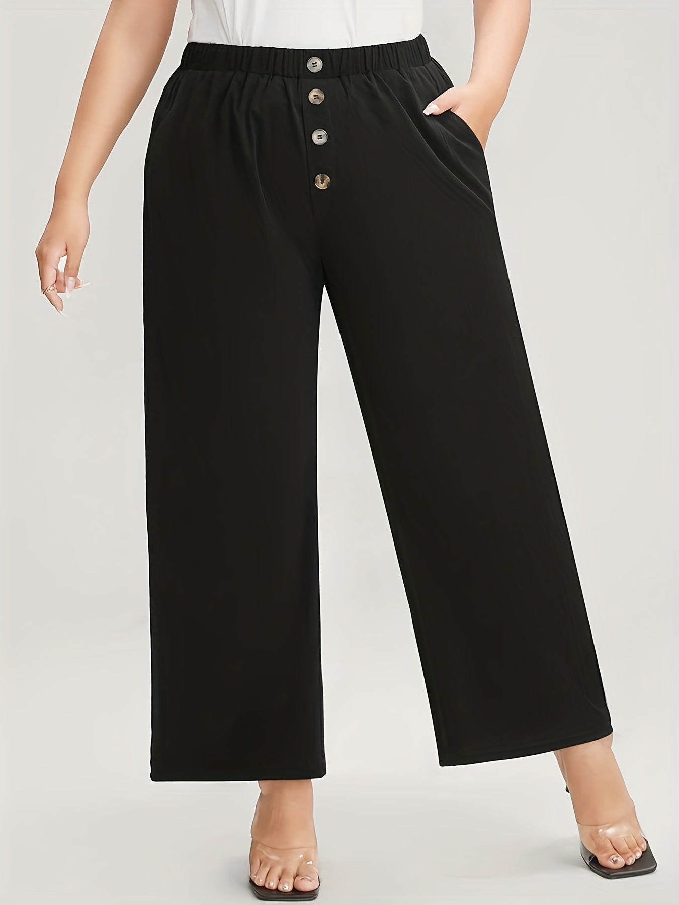  Casual Pants Women's Plus Plain Button Decor Elastic Straight Leg Pant