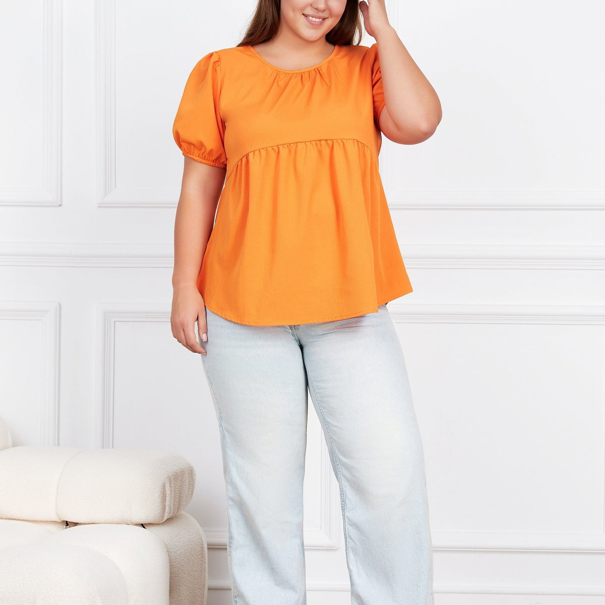  Casual Blouse Women's Plain Ruched Short Sleeve Round Neck