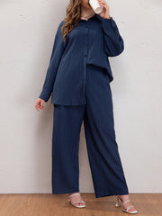  Solid Button Up Blouse & Wide Leg Pants 2 Piece Set