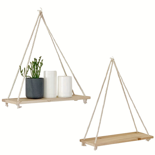 Wood Hanging Shelves Swing Rope Rustic Floating Shelf Wall Display