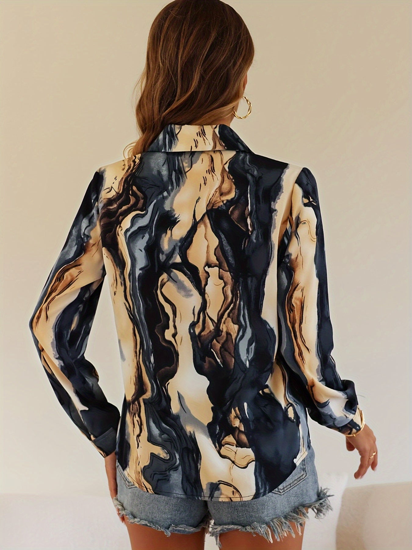  Casual Blouse Women's Plus Fluid Print Button Up Long Sleeve Blouse
