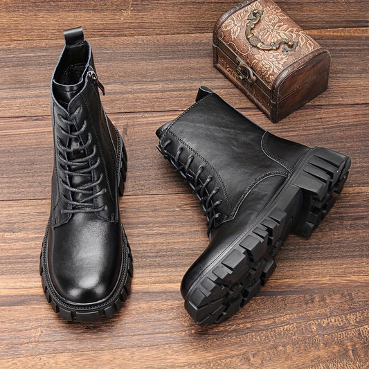 Women's Combat Boots Lace Up Chunky Heel Leather Side Zipper Boots
